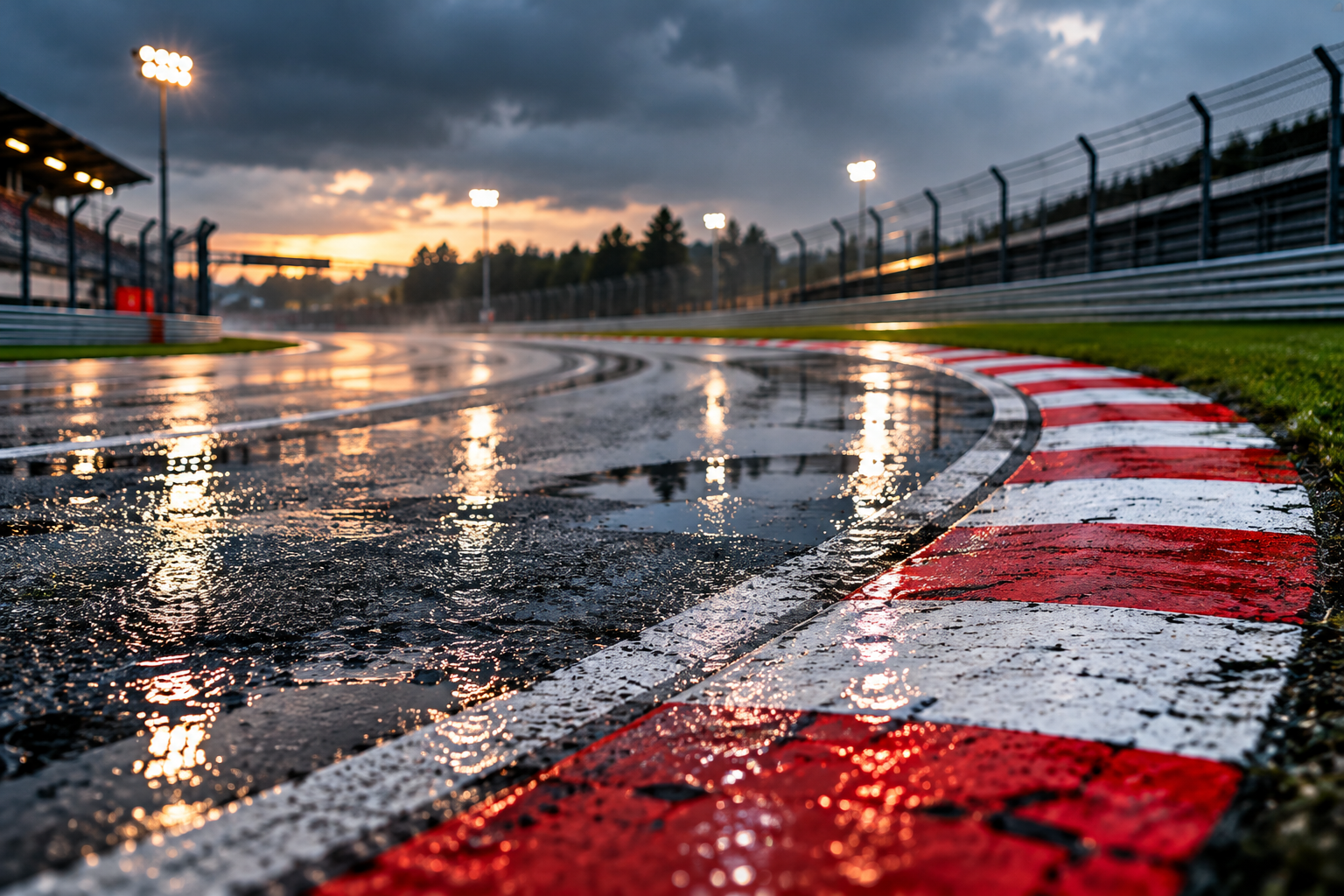 黃色 Renault F1 賽車在濕滑彎道過彎並揚起水霧